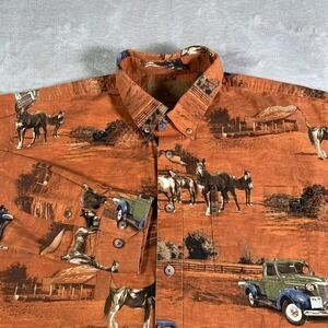VTG‎ North River Shirt Mens Large Orange Horses Trucks Print Long Sleeve Cowboy